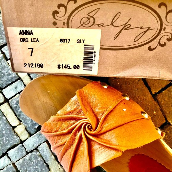 SALPY Handmade Shoes Orange Leather Wooden Mule Style Anna - Picture 7 of 15